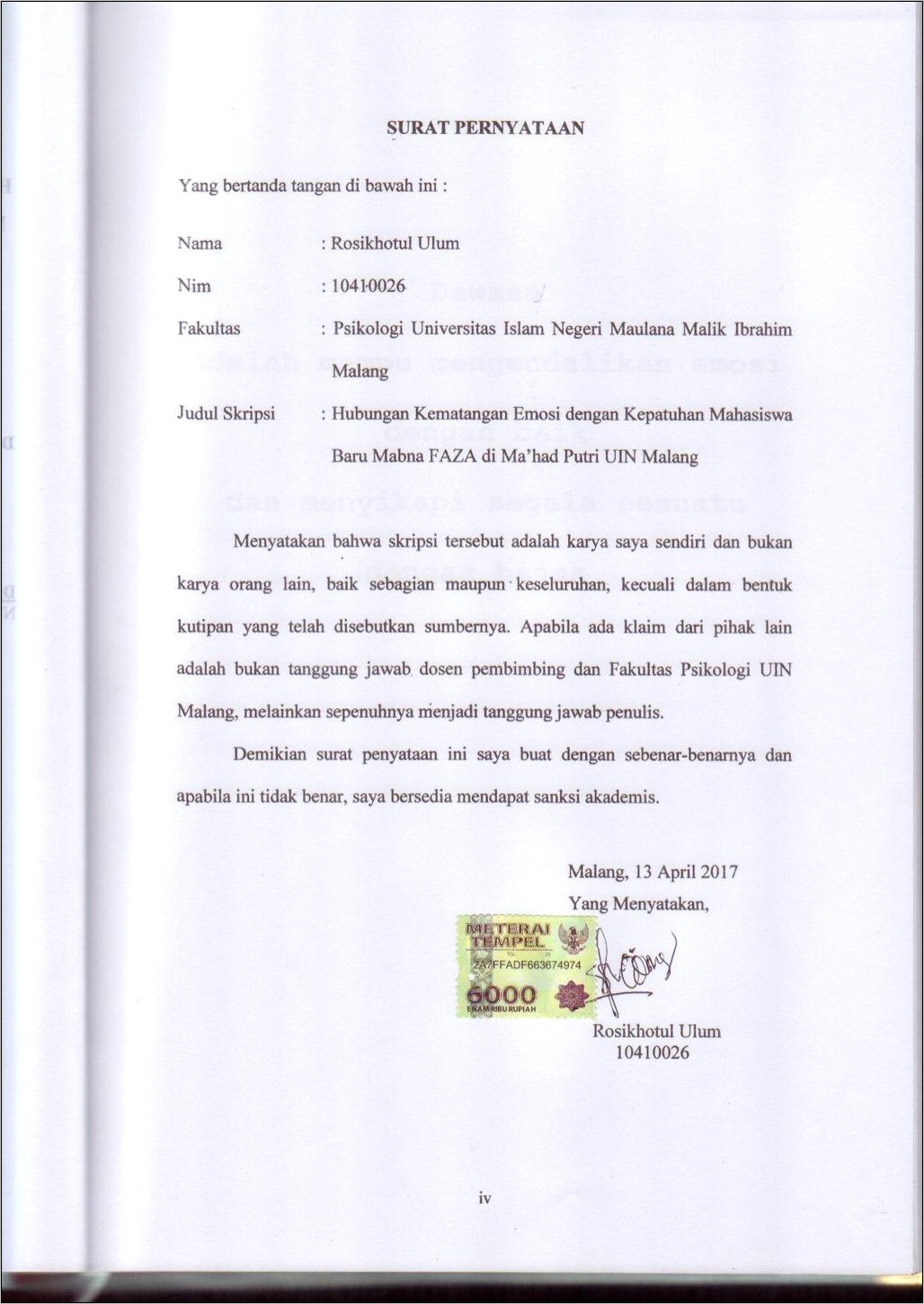 Contoh Surat Pernyataan Kebenaran Data Snmptn Uin Malang 2019