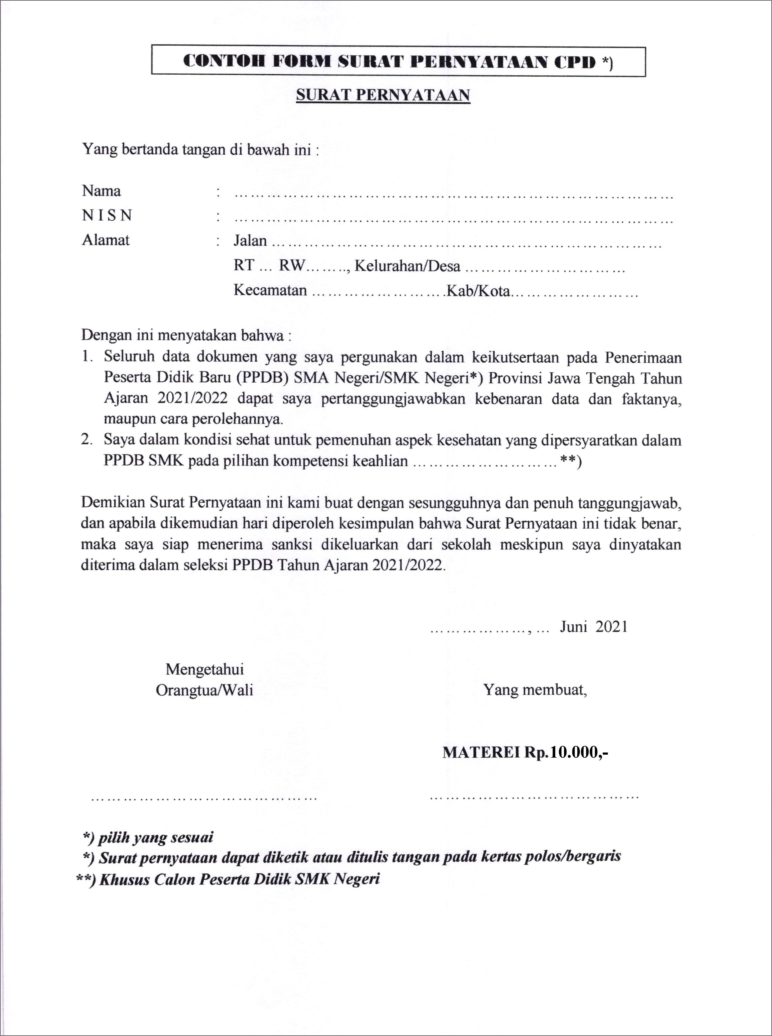 Contoh Surat Pernyataan Kebenaran Data Snmptn