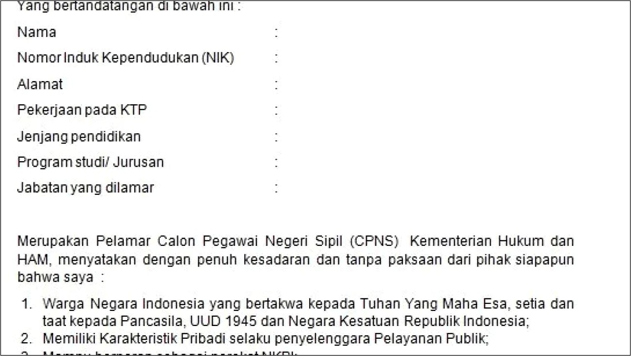 Contoh Surat Pernyataan Kebenaran Dokumen Asli Untuk Daftar Cpns