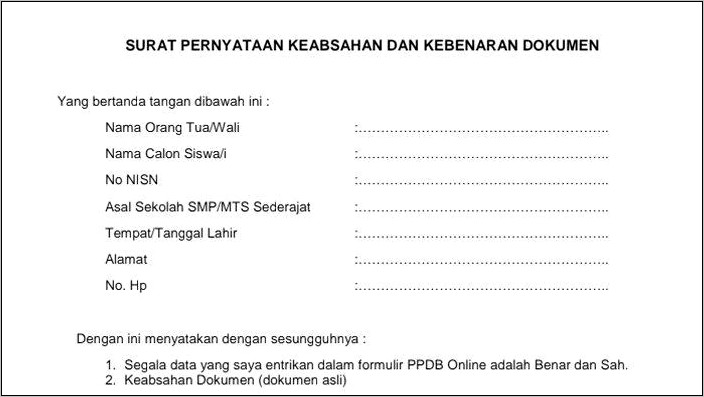 Contoh Surat Pernyataan Kebenaran Isi Dokumen