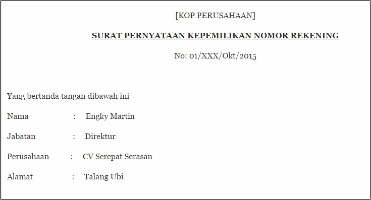 Contoh Surat Pernyataan Kebenaran Kepemilikan Rekening