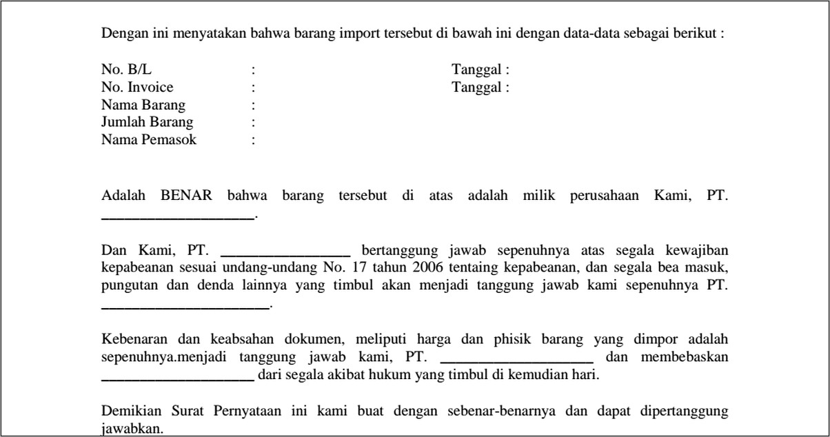 Contoh Surat Pernyataan Kebenaran Label Barang Import