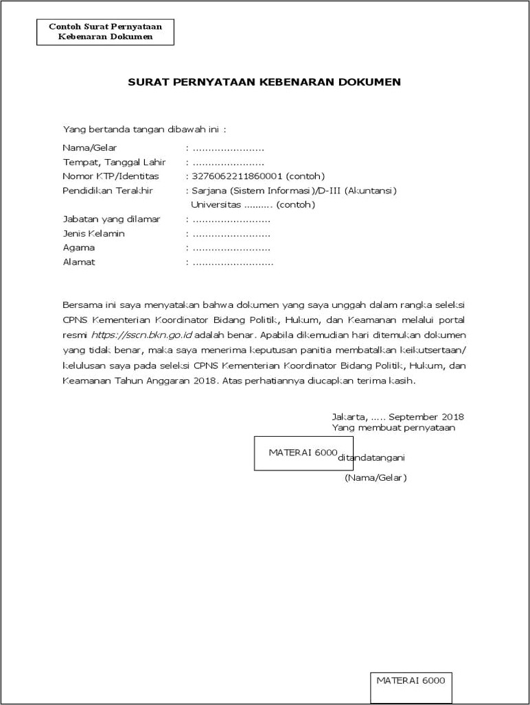 Contoh Surat Pernyataan Kebenaran Nomor Rekening Form 07