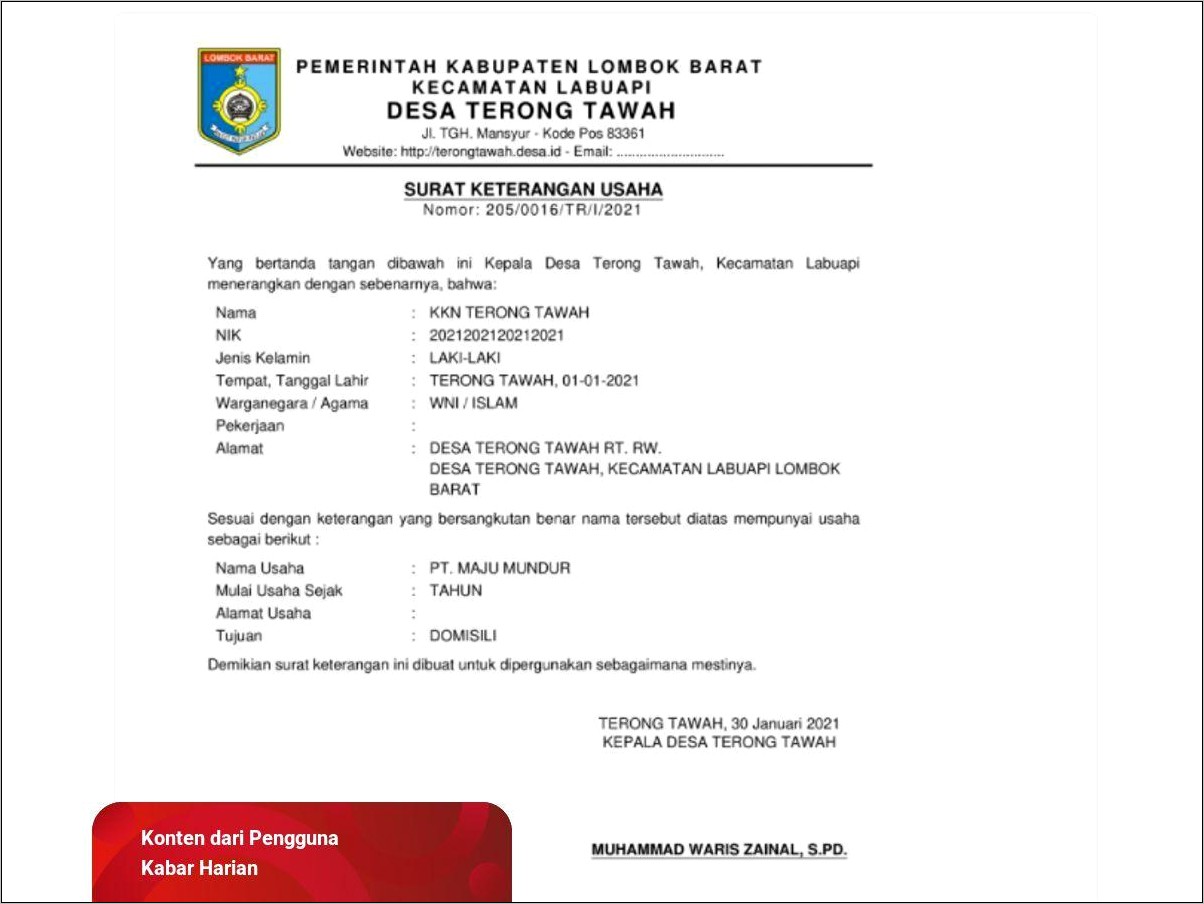 Contoh Surat Pernyataan Kegiatan Usaha Untuk Npwp