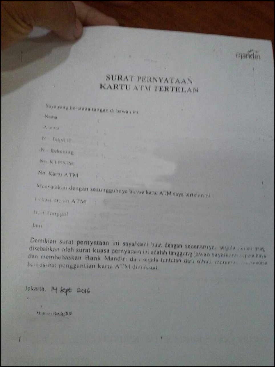 Contoh Surat Pernyataan Kehilangan Atm Bni