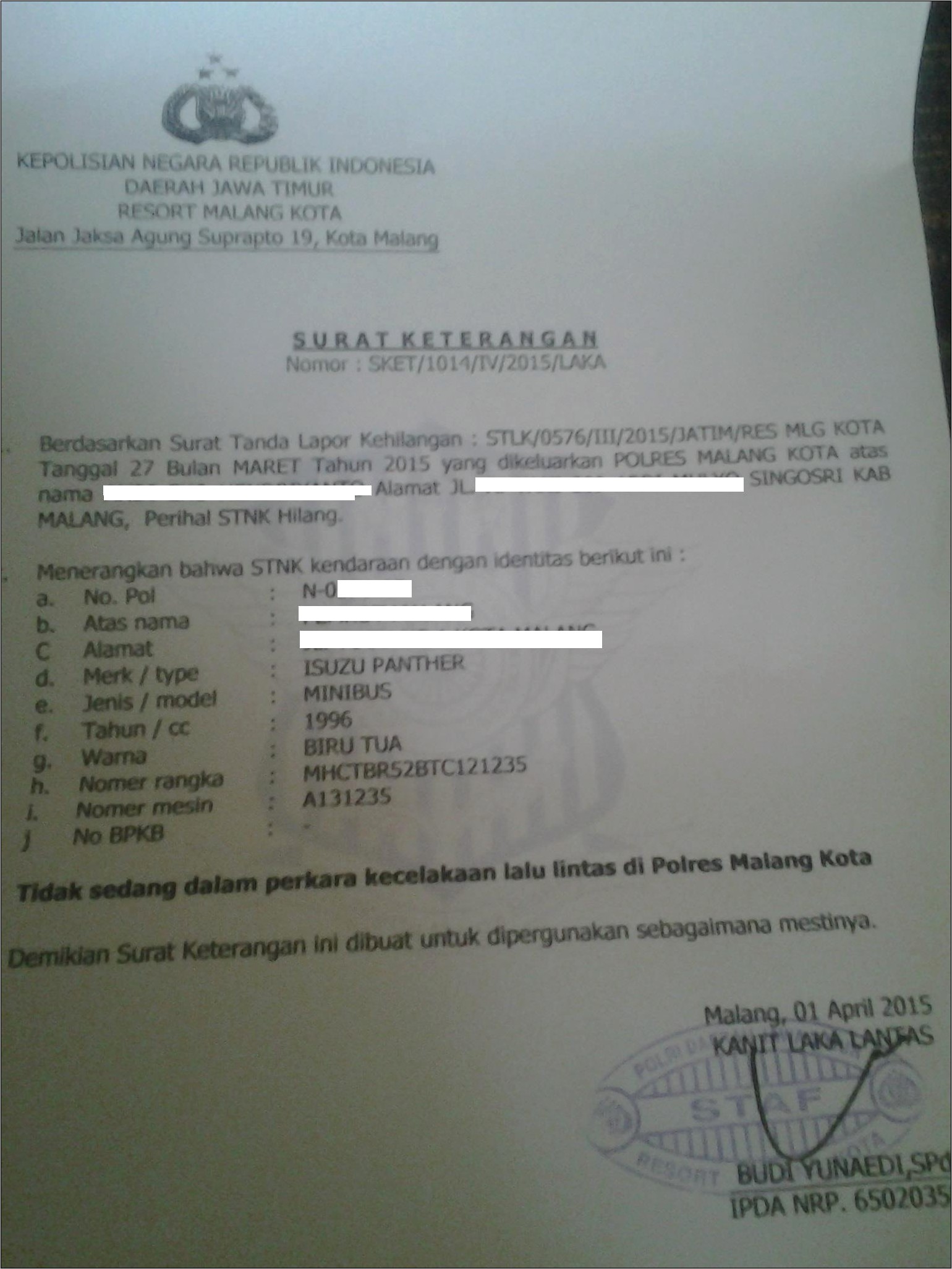 Contoh Surat Pernyataan Kehilangan Cek