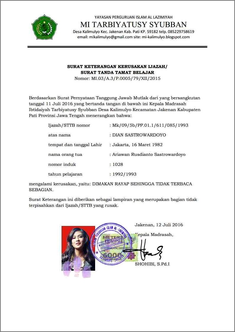 Contoh Surat Pernyataan Kehilangan Ijazah Yang Bersangkutan