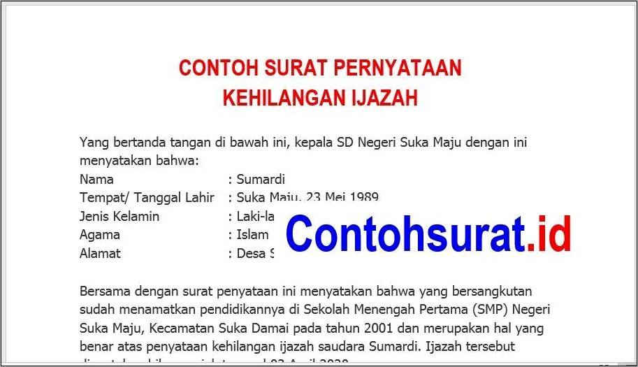 Contoh Surat Pernyataan Kehilangan