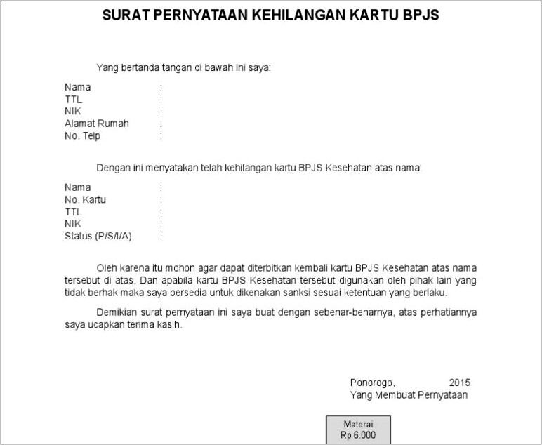 Contoh Surat Pernyataan Kehilangankartu Bpjs