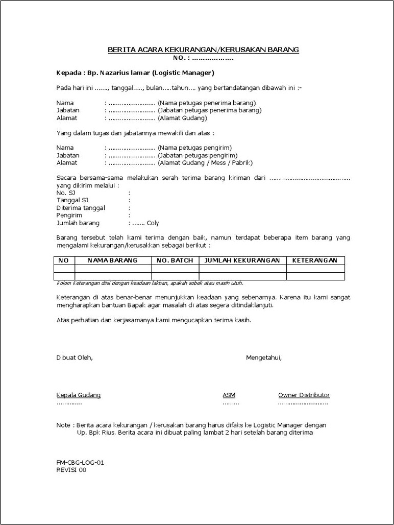 Contoh Surat Pernyataan Kekurangan Barang