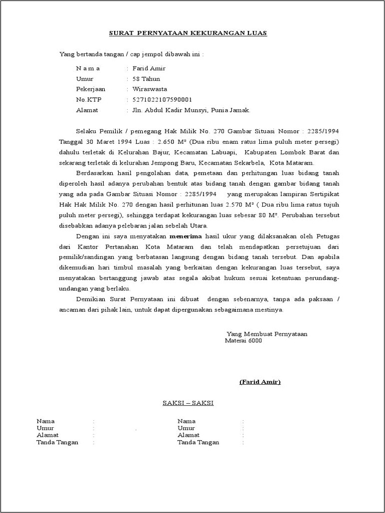 Contoh Surat Pernyataan Kekurangan Luas Tanah