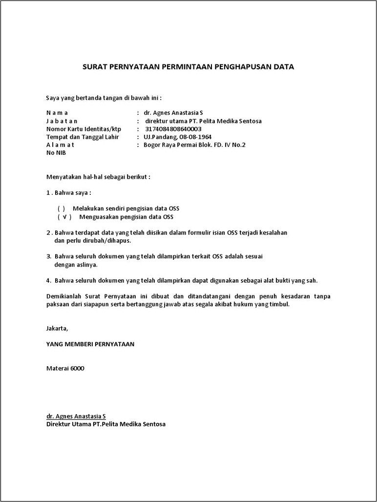 Contoh Surat Pernyataan Kelengkapan Dokumen Adalah Data Diri Asli