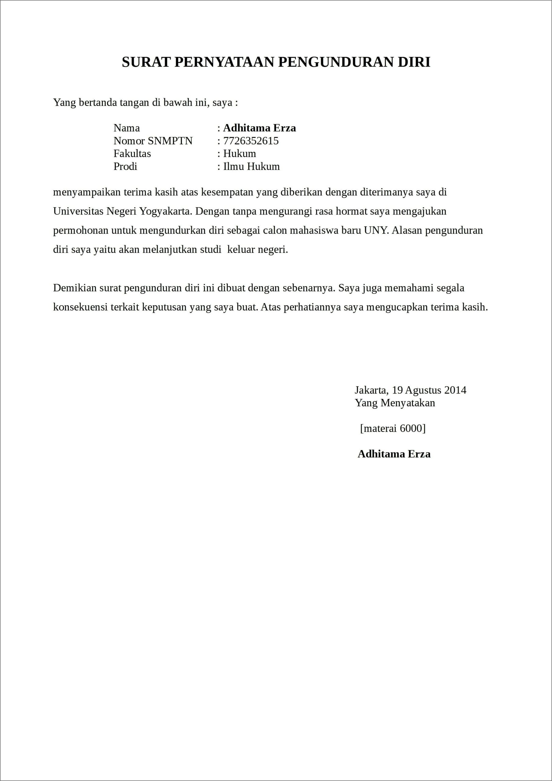 Contoh Surat Pernyataan Keluar Dari Asrama