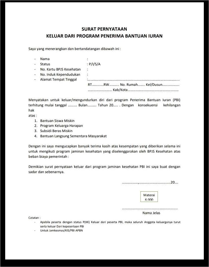 Contoh Surat Pernyataan Keluar Dari Bpjs Kesehatan