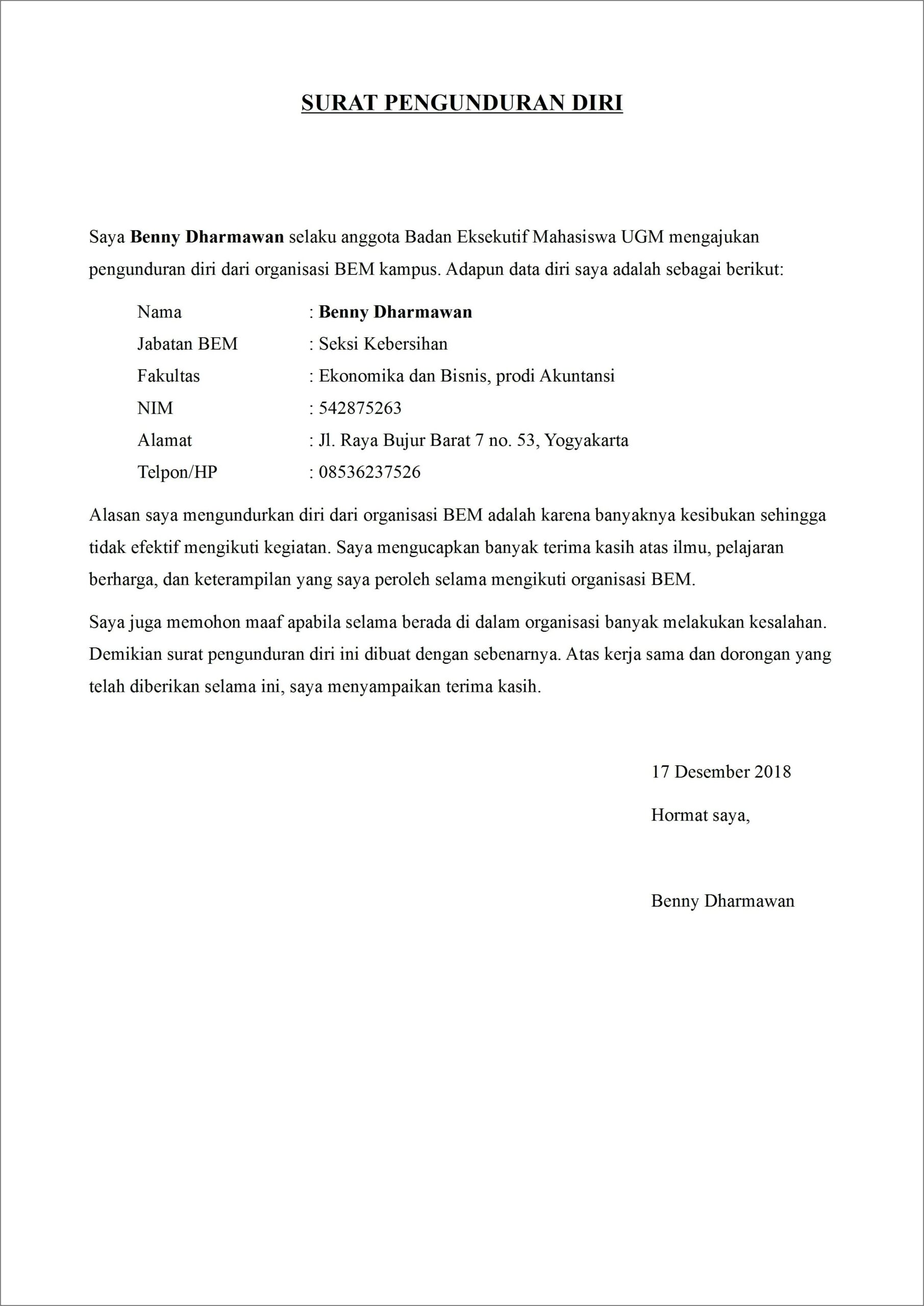 Contoh Surat Pernyataan Keluar Dari Organisasi