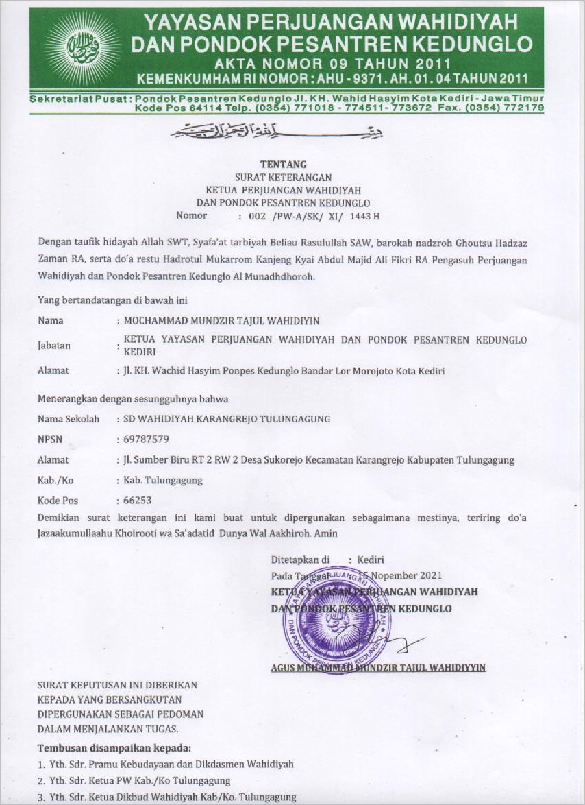 Contoh Surat Pernyataan Kelurahan Wonoasri Kediri
