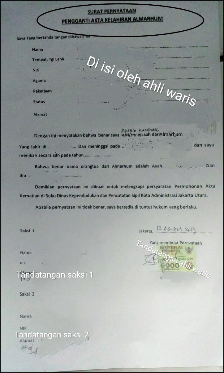 Contoh Surat Pernyataan Kematian Dari Anak