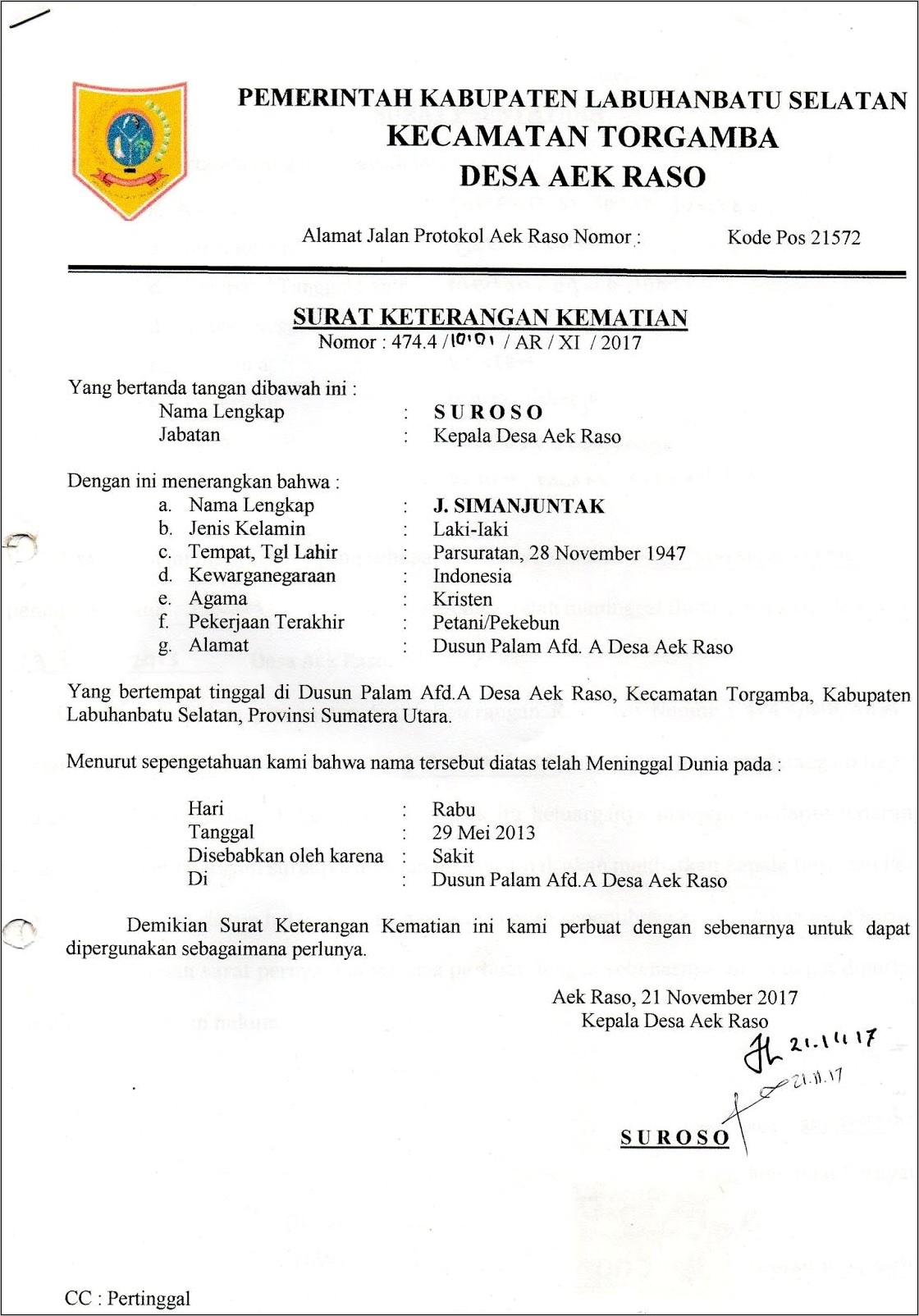 Contoh Surat Pernyataan Kematian Ibu