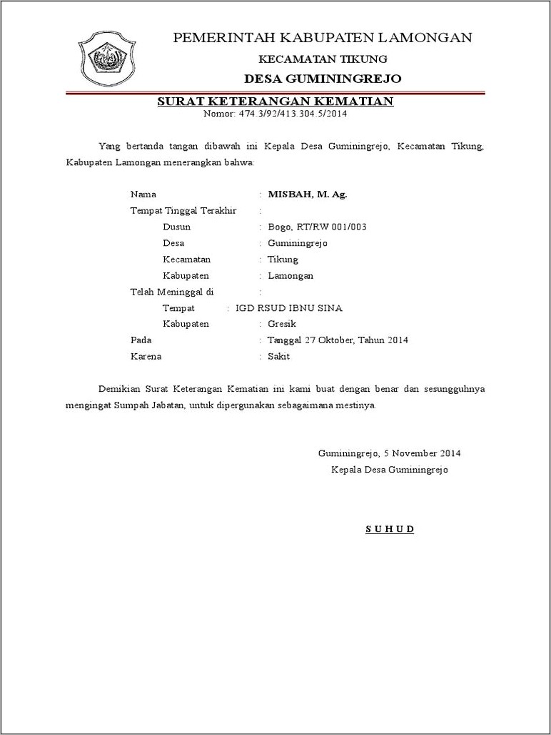Contoh Surat Pernyataan Kematian Sederhana