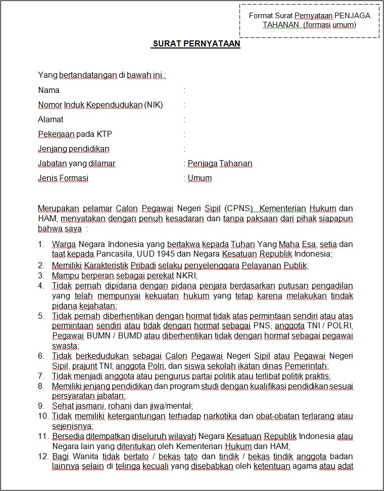 Contoh Surat Pernyataan Kemendikbud Cpns 2019