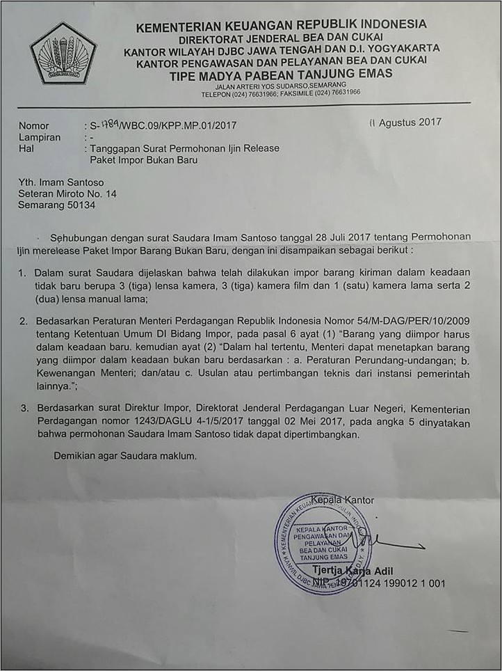 Contoh Surat Pernyataan Kendala Bea Cukai