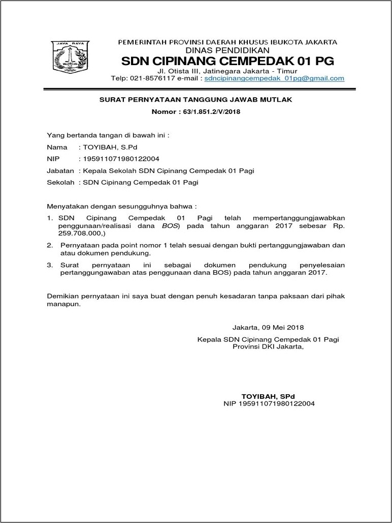 Contoh Surat Pernyataan Kepala Sekolah Tentang Penggunaan Dana Bos