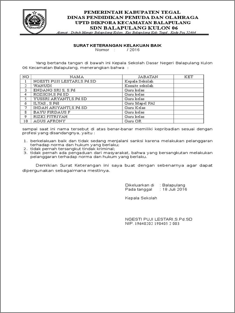 Contoh Surat Pernyataan Kepala Sekolah Tidak Terlibat Kriminal