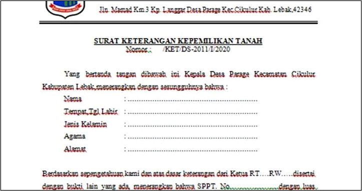 Contoh Surat Pernyataan Kepemilikan Tanah 20 Tahun