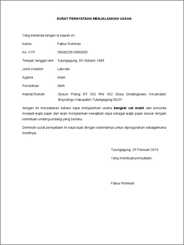 Contoh Surat Pernyataan Kepemilikan Usaha Kota Padang
