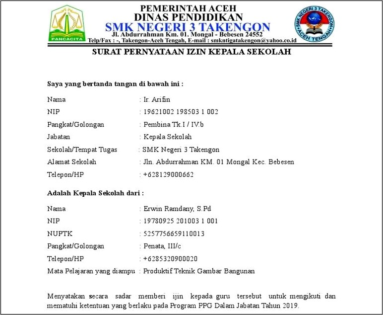 Contoh Surat Pernyataan Kepsek