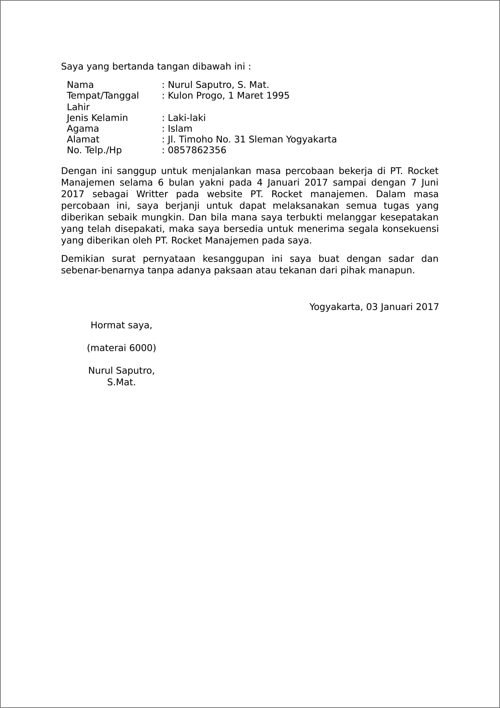 Contoh Surat Pernyataan Kesanggupan Diatas Matrei