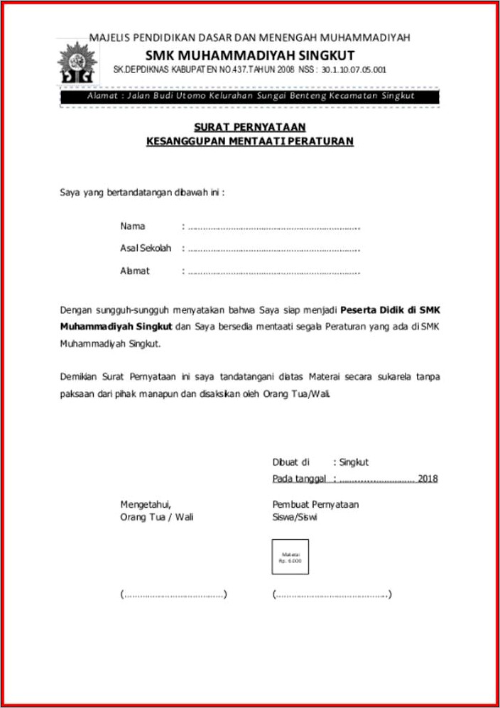 Contoh Surat Pernyataan Kesanggupan Kontinuitas Material
