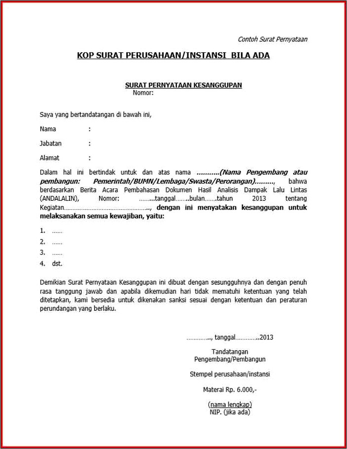 Contoh Surat Pernyataan Kesanggupan Mematuhi Peraturan Pemerintah