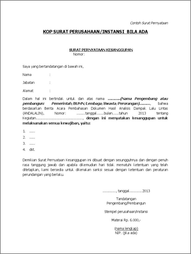 Contoh Surat Pernyataan Kesanggupan Mematuhi Peraturan Perusahaan