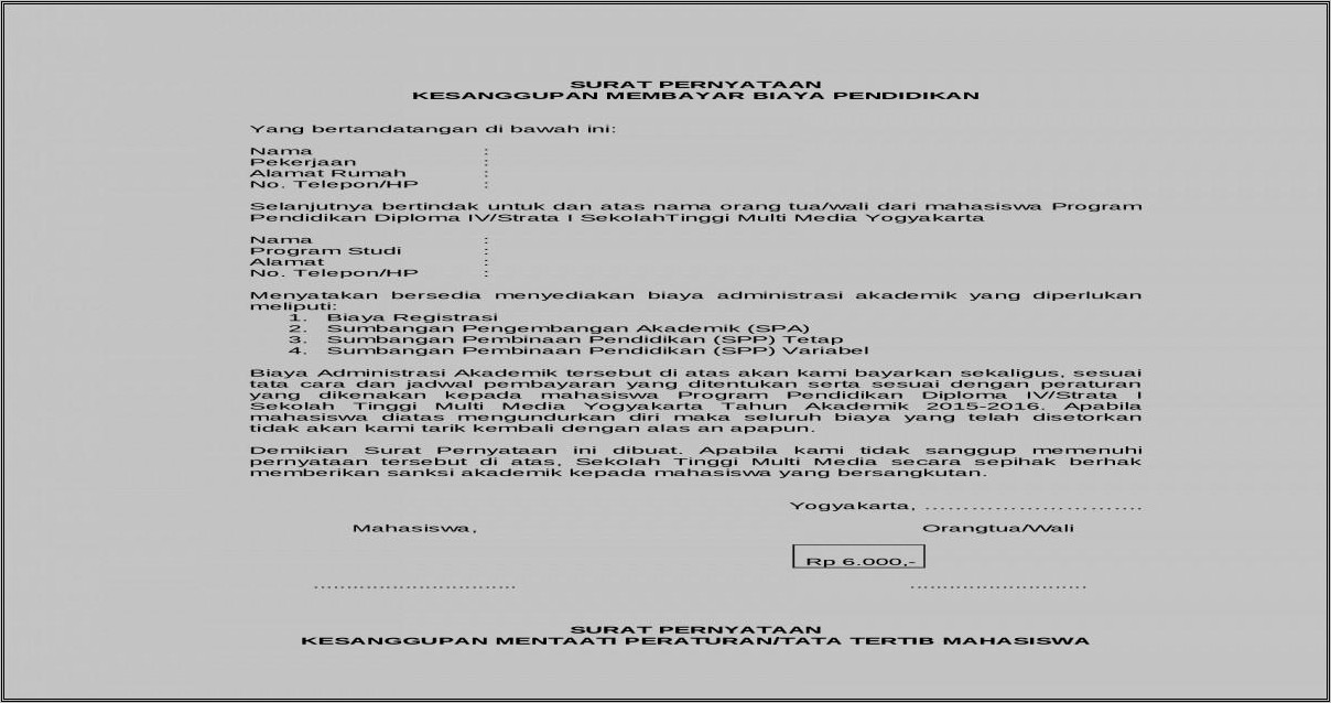 Contoh Surat Pernyataan Kesanggupan Membayar Administrasi