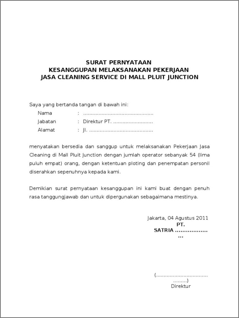 Contoh Surat Pernyataan Kesanggupan Memenuhi Peraturan