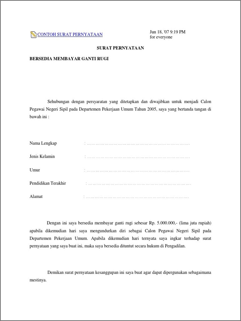 Contoh Surat Pernyataan Kesanggupan Menganti Rugi Cpns