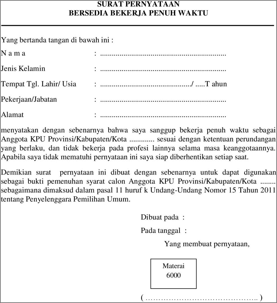 Contoh Surat Pernyataan Kesanggupan Menjadi Panitia