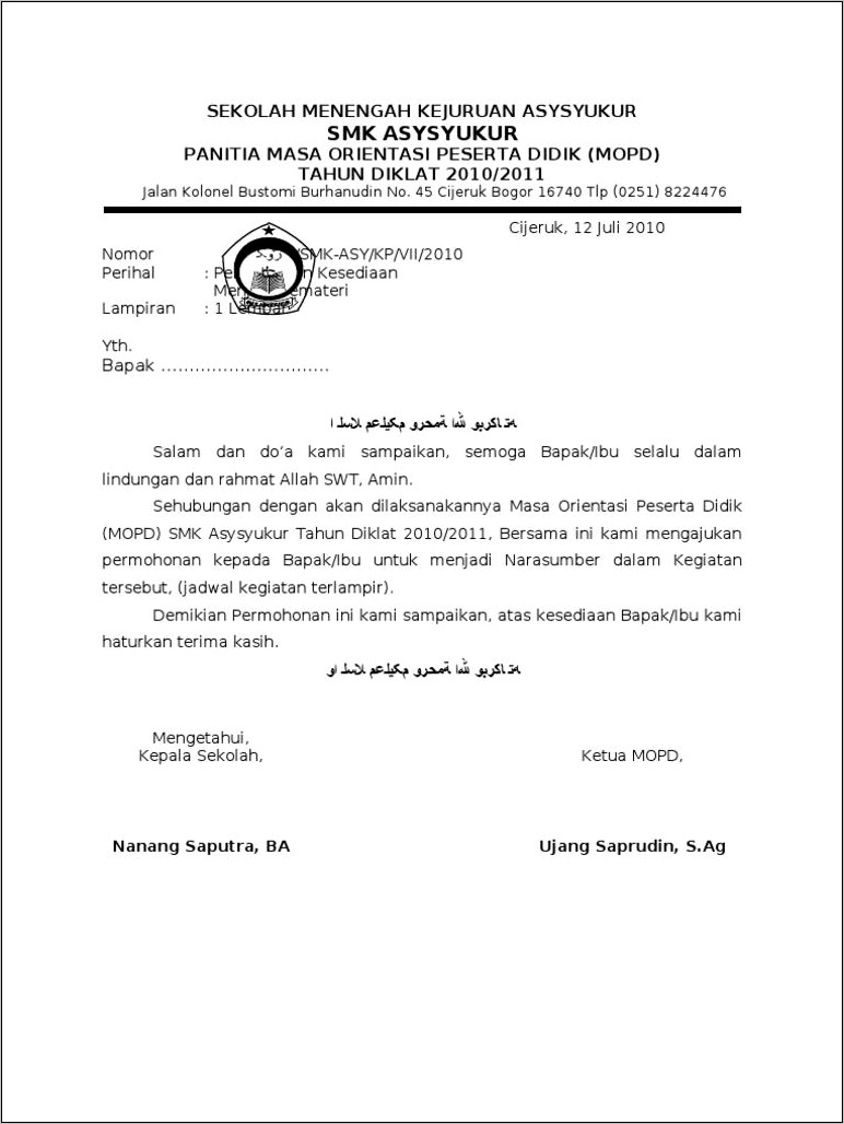 Contoh Surat Pernyataan Kesanggupan Menjadi Pengurus