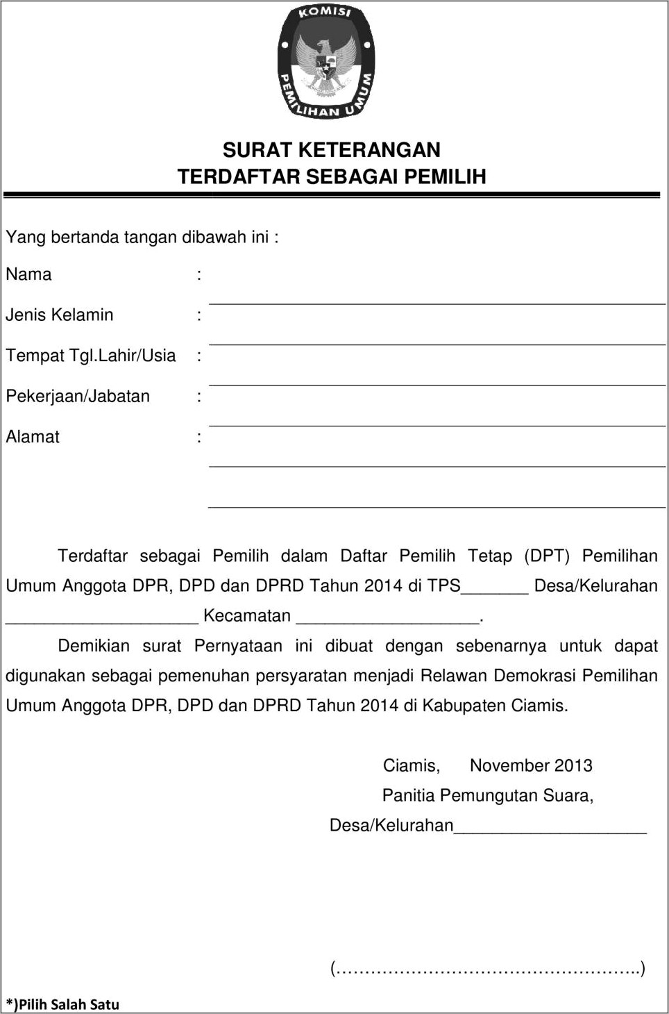 Contoh Surat Pernyataan Kesanggupan Menjadi Team Relawan
