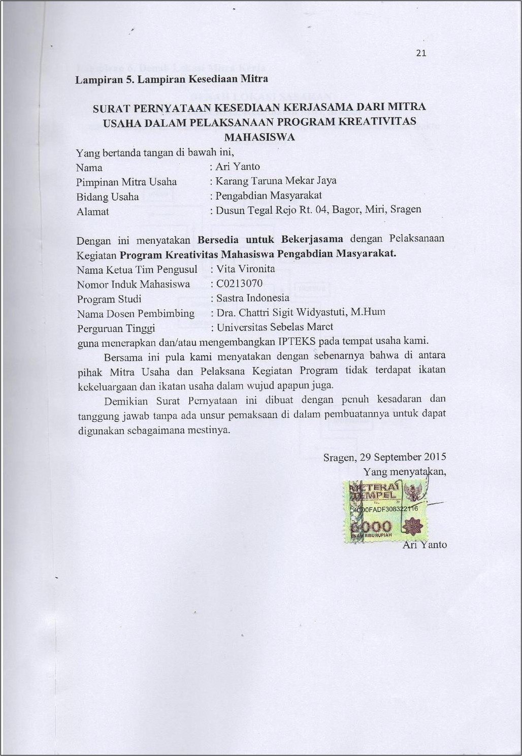 Contoh Surat Pernyataan Kesediaan Bekerjasama