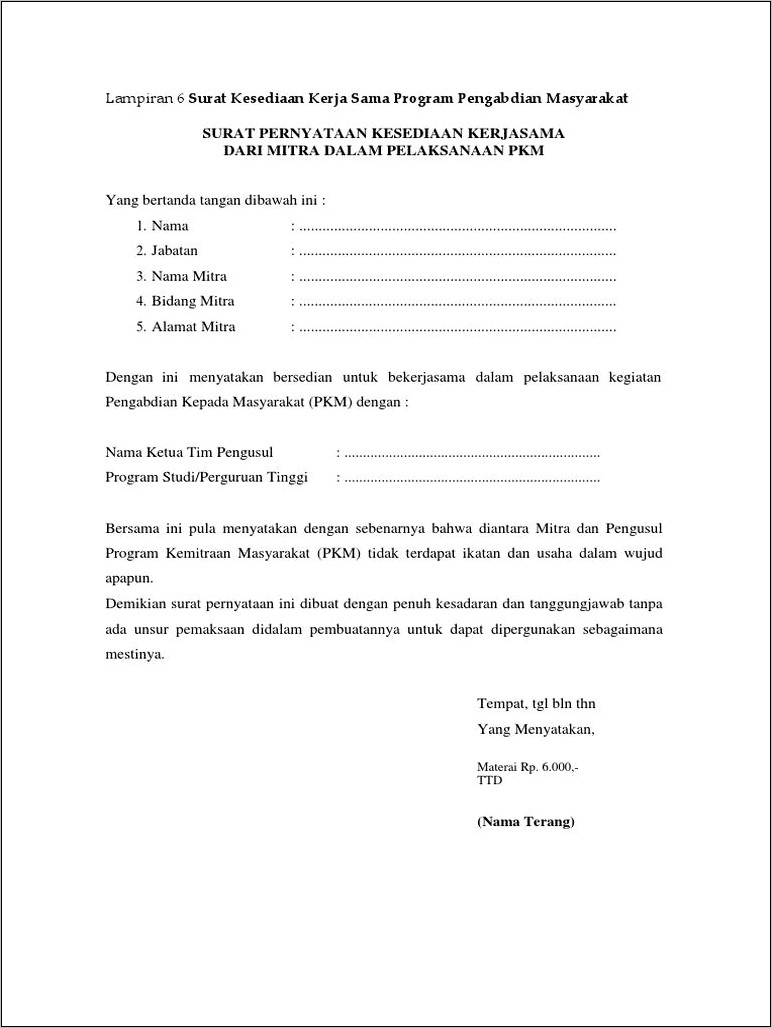 Contoh Surat Pernyataan Kesediaan Dari Mitra Pkm K