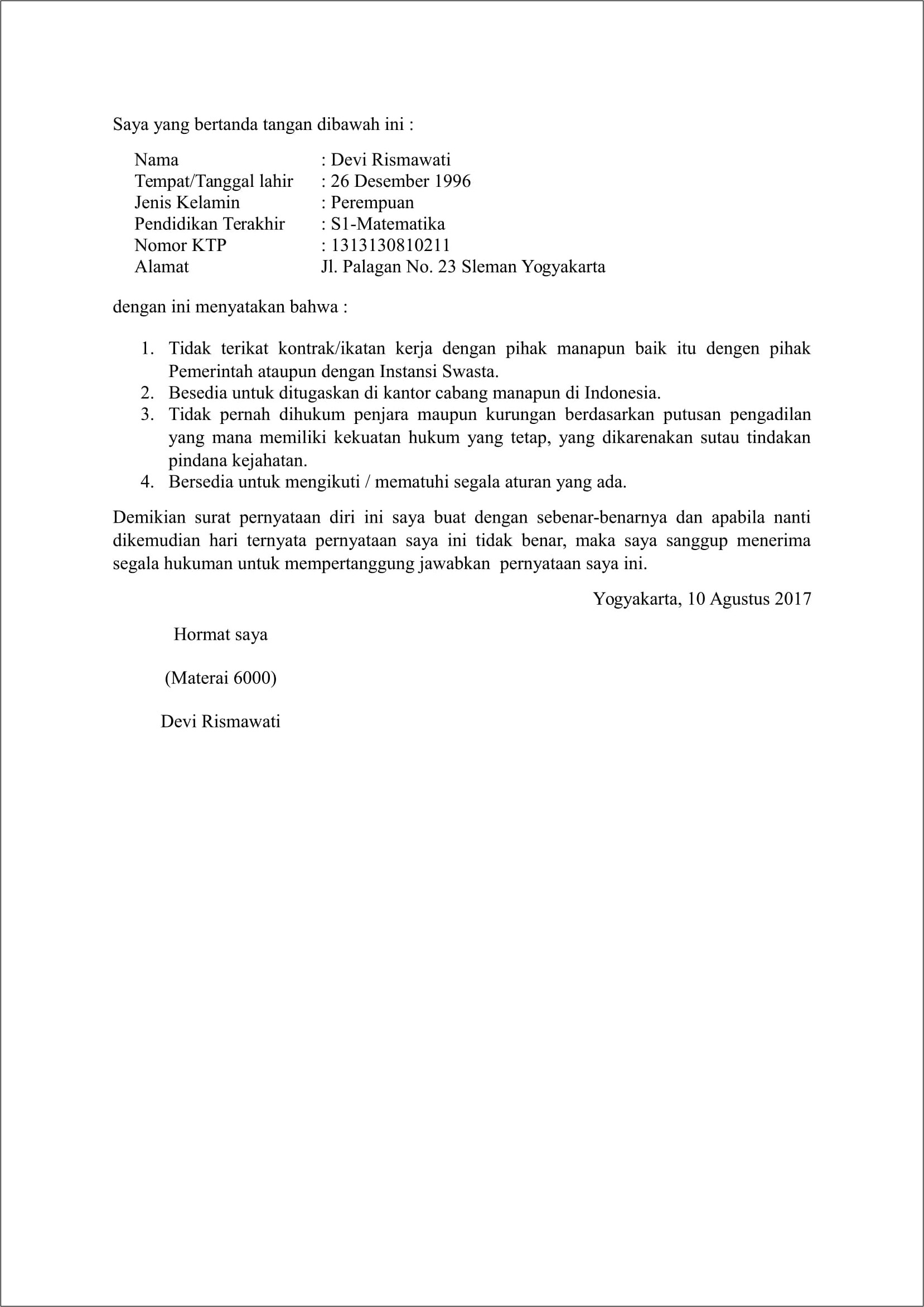 Contoh Surat Pernyataan Kesediaan Ditugaskan