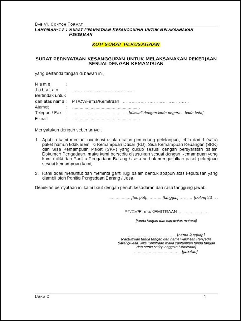 Contoh Surat Pernyataan Kesediaan Menjadi Anggota