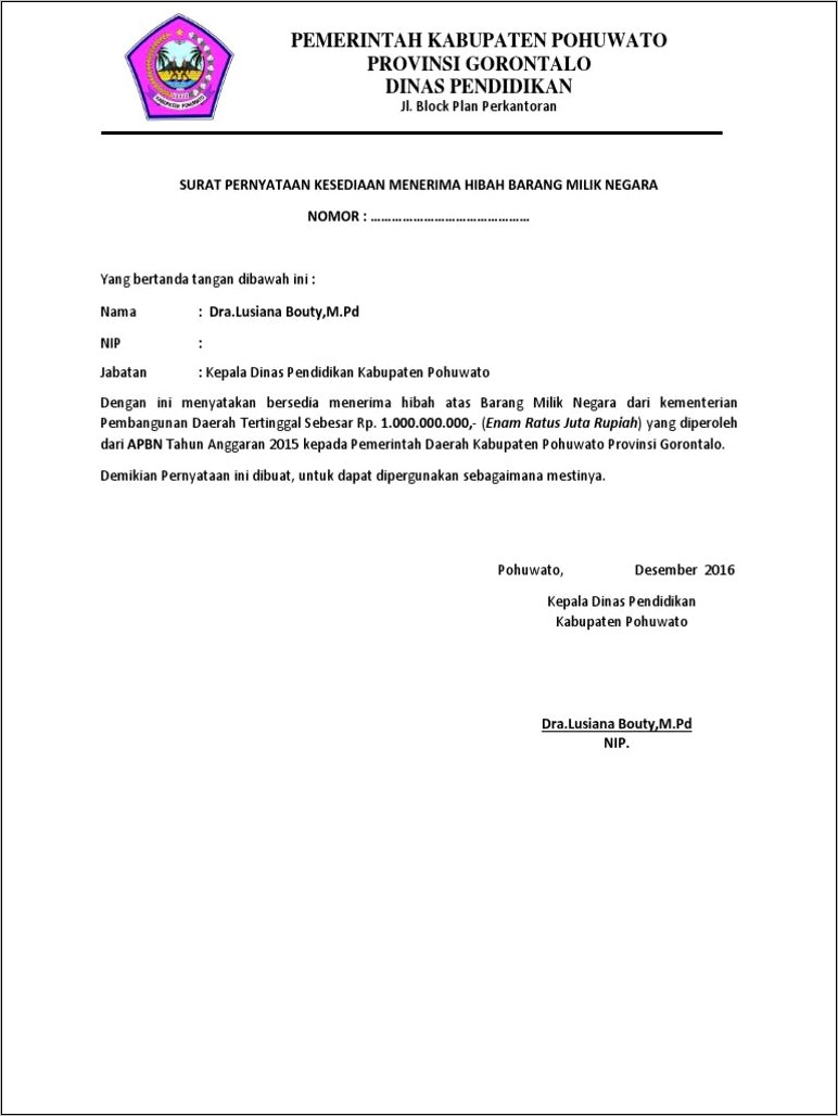 Contoh Surat Pernyataan Ketersediaan Anggaran