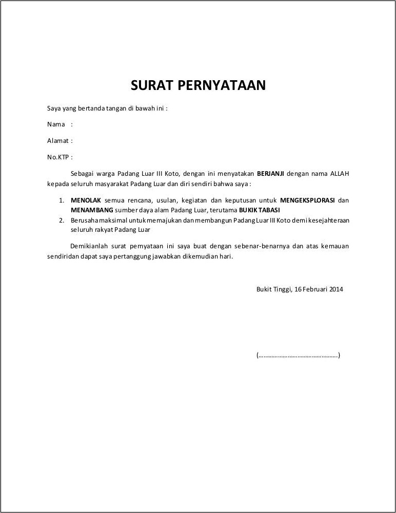 Contoh Surat Pernyataan Ketidak Sanggupan