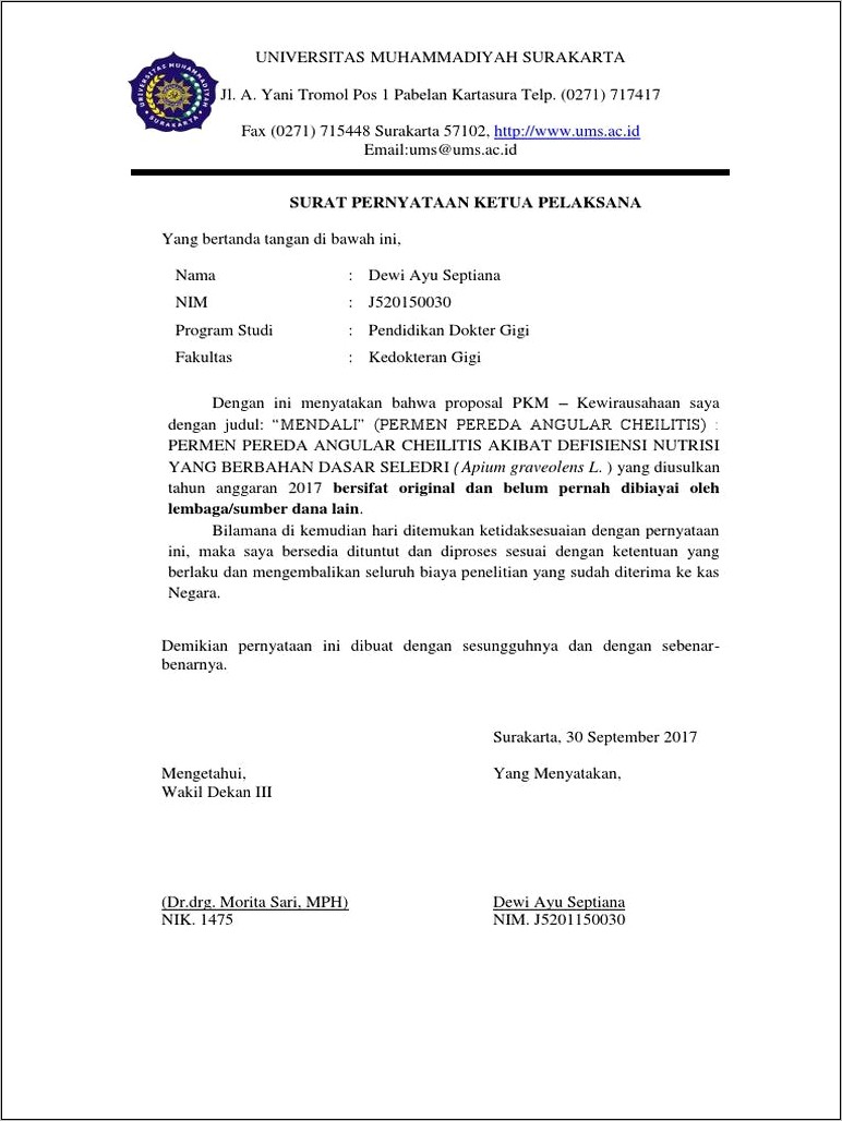 Contoh Surat Pernyataan Ketua Peneliti Pkmk