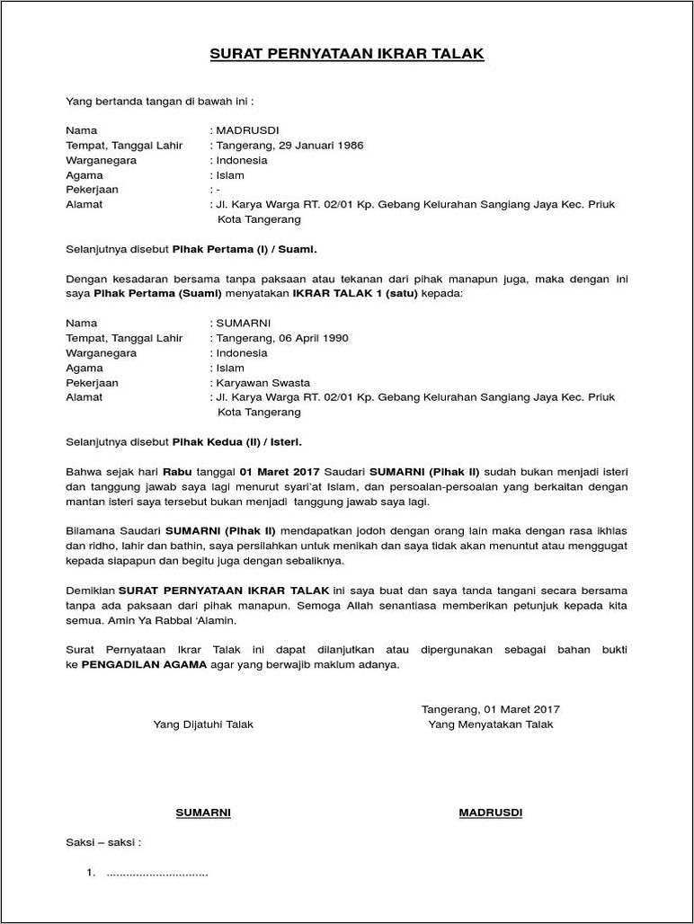 Contoh Surat Pernyataan Khulu