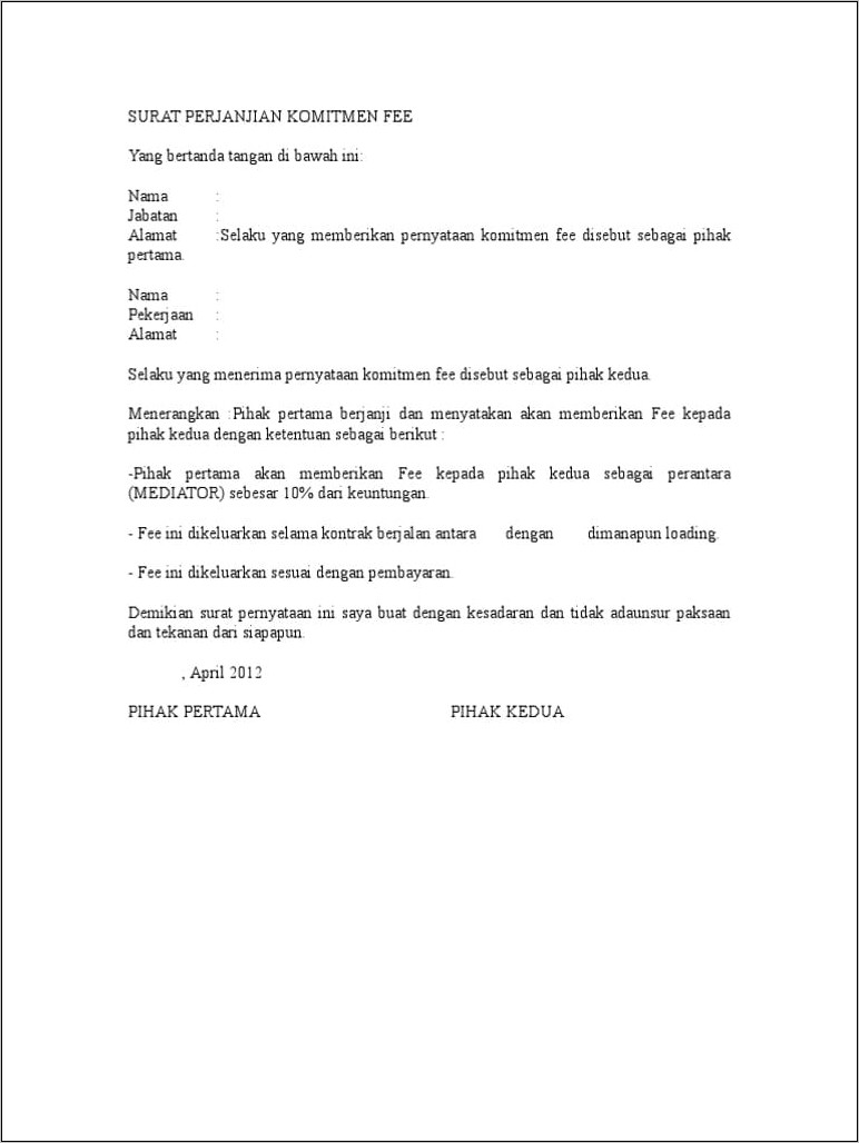 Contoh Surat Pernyataan Komitmen Organisasi