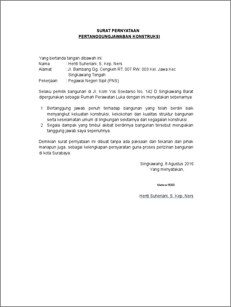 Contoh Surat Pernyataan Konstruksi Bangunan